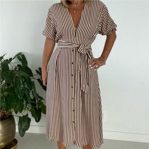 Faithfull the Brand Brown and White Striped Midi Dress